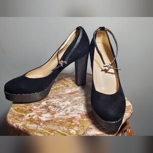 8.5 US Peter Kaiser Black Suede Leather Ankle Strap Block Heel Platform Pump